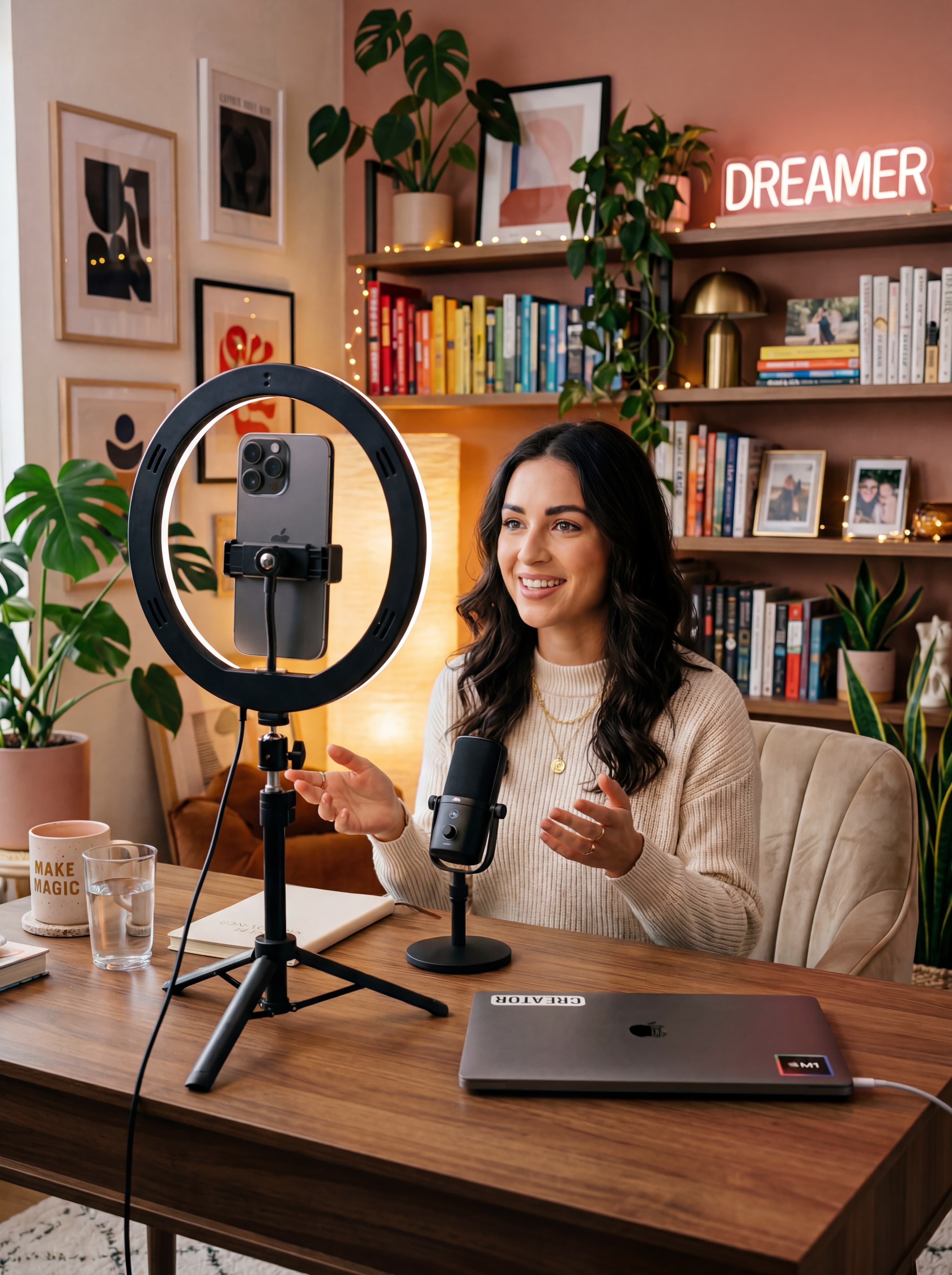 A polished home streaming setup with a phone stand, subtle accessories, and a visually rich background.