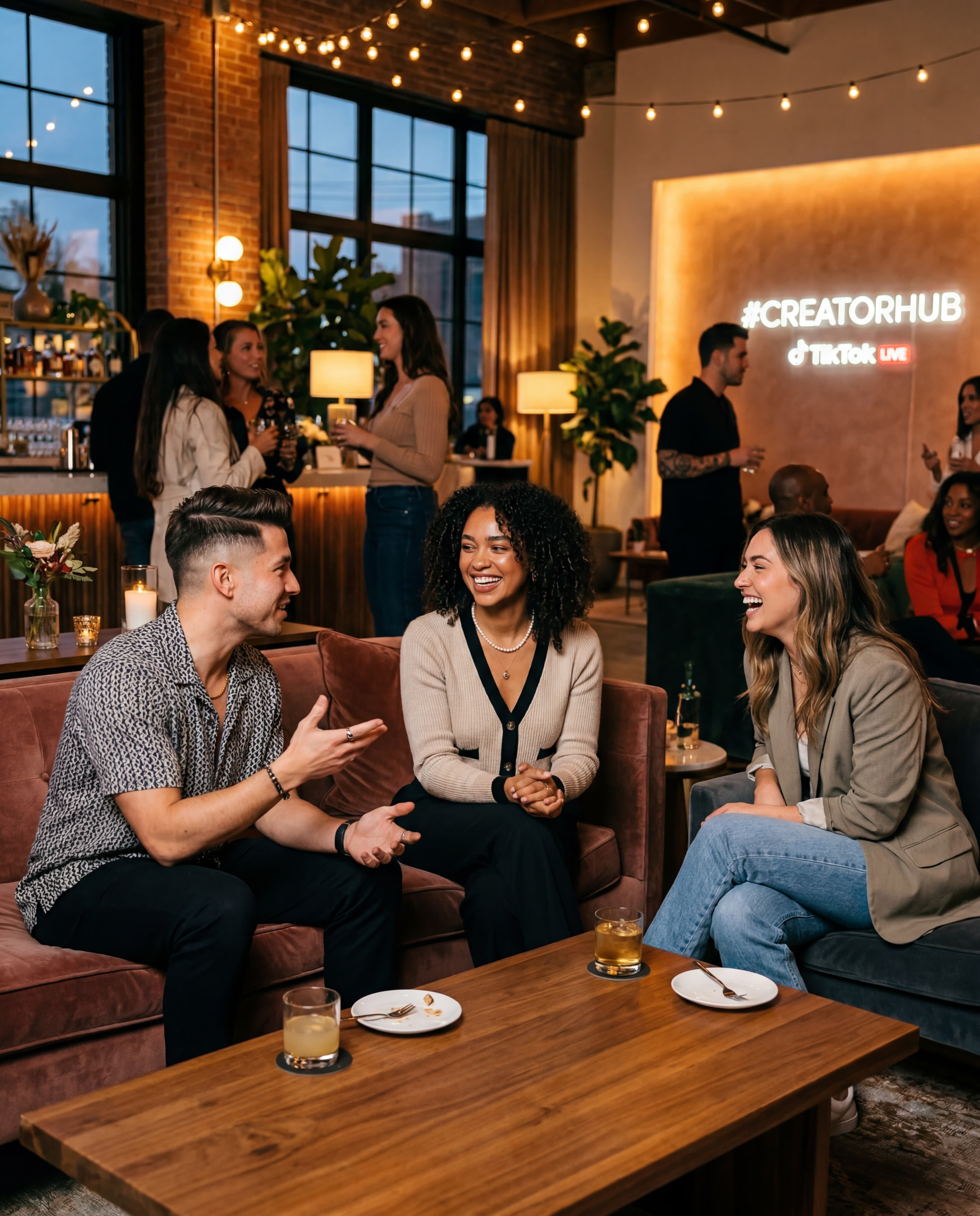 A premium but relatable creator event environment with stylish lighting and social energy.