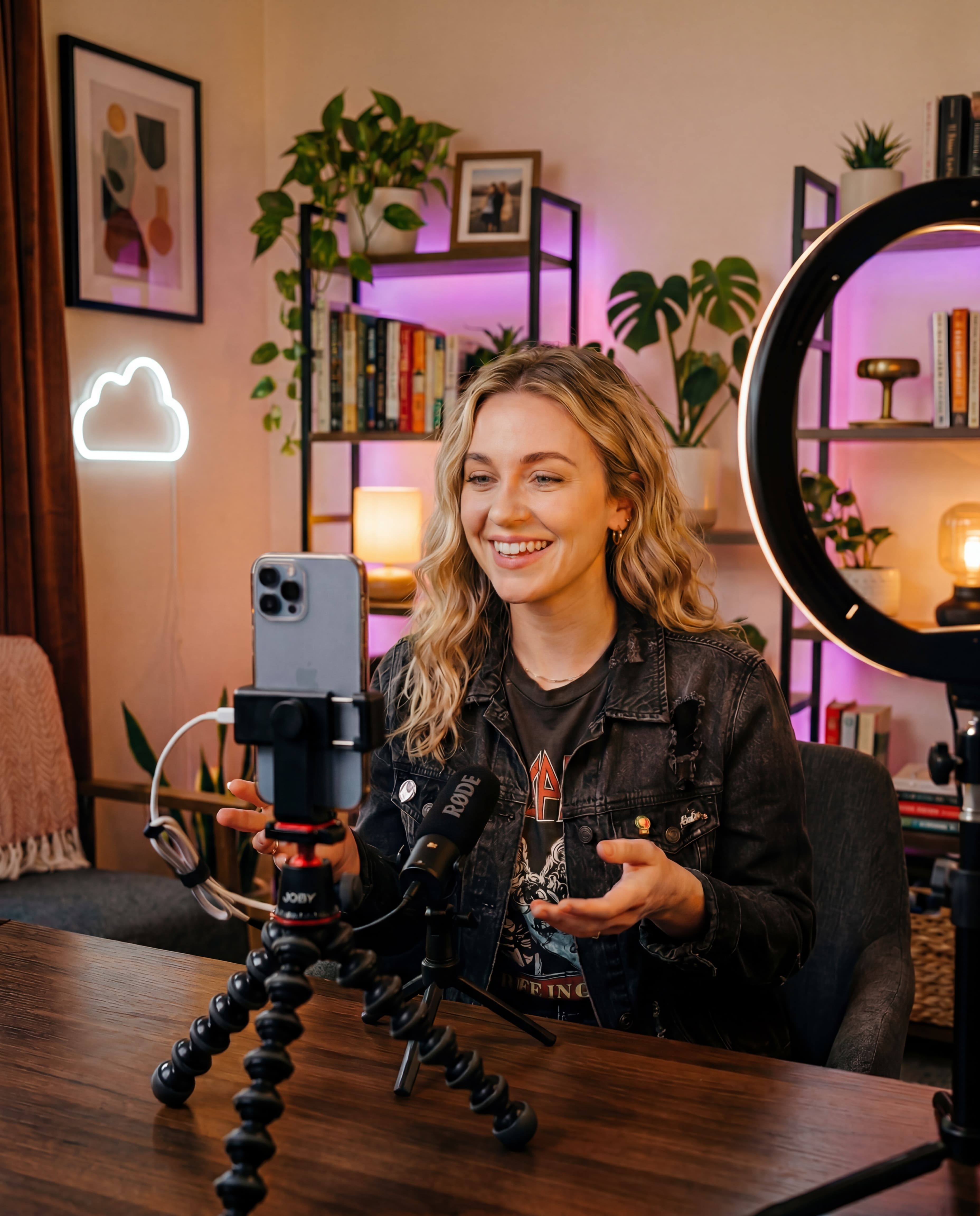A serious TikTok LIVE creator streaming from a stylish home setup with a phone, warm lighting, and a visually interesting background.
